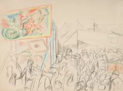 Ohne Titel (Rummelplatz mit Schaubude) by Karl Hubbuch, drawing, offered Sep 2025