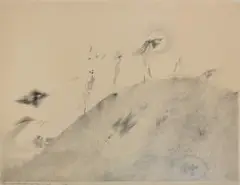 Schon wieder Scheuchen über dem Horizont by Georg Muche, 1948, pencil, offered Sep 2025