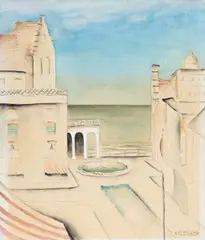 Südliche Stadt mit Blick auf das Meer by Josef Mangold, watercolor, offered Mar 2026