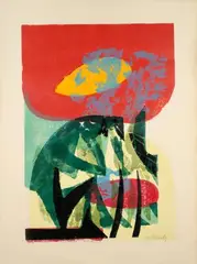 Rote Blüte (Stifterbild) by HAP Grieshaber, 1958, color woodcut, sold Sep 2026