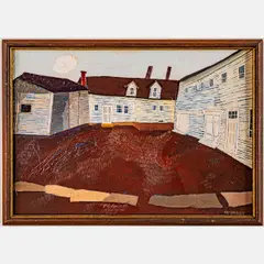 Shaker Barns Remembering Shaker Brothers,Acrylic by Raymond Kowalski, collage on board,Signed lower right., offered Nov 2024