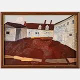 Shaker Barns Remembering Shaker Brothers,Acrylic by Raymond Kowalski, collage on board,Signed lower right., offered Nov 2024