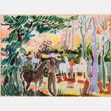 Horses and Riders with Pine Tree by Algesa D'Agostino O'Sickey, Watercolor on rag paper,Signed and dated lower right.H: 32 W: 38 D: 1 in., offered Nov 2024
