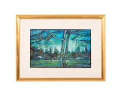Untitled - Cottage Landscape with Figure - 1987 by William Tolliver, pastel and mixed media on paper, sold Feb 2026