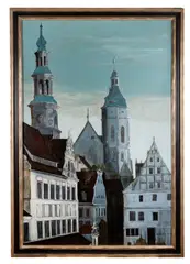 born 1939). Untitled - European Cityscape by Stephen White, 1985, oil on board, sold Feb 2026