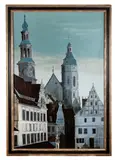 born 1939). Untitled - European Cityscape by Stephen White, 1985, oil on board, sold Feb 2026