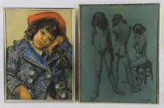 (2) drawings:  "Girl With Red Hat by John J. Soble, pastel on paper, sold Mar 2024
