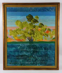 abstract landscape painting "Willow Reflection by Robert Burkert, oil on masonite, sold Mar 2024
