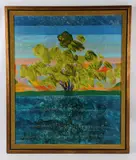 abstract landscape painting "Willow Reflection by Robert Burkert, oil on masonite, sold Mar 2024