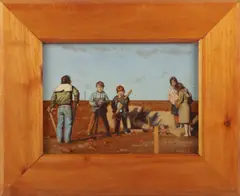 painting of children with stakes by Bo Bartlett, oil on board, sold Mar 2024