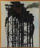 large industrial painting by Hale Allen, oil on canvas, sold Mar 2024