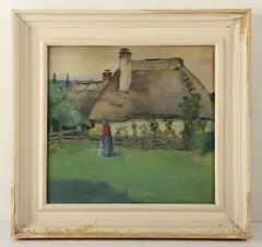 painting of woman in her garden by Robert Wosak, watercolor with pastel, sold Apr 2024