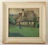 painting of woman in her garden by Robert Wosak, watercolor with pastel, sold Apr 2024
