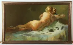 painting "Resting Nude by Ralph Scharff, oil on masonite, sold Apr 2024