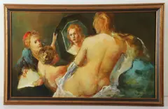 painting "Artist & Nude Model by Ralph Scharff, oil on masonite, sold Apr 2024