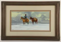 Western painting "Winter Rider by Ron Stewart, gouache on board, sold Apr 2024