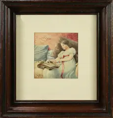 Lady Playing Autoharp by August Windels, 1895, watercolor on paper, sold Mar 2022