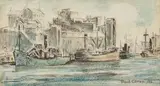 Montreal Harbour Scene, 1932 by Paul Archibald Octave Caron, 1932, crayon, sold May 2026