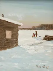 Two Kids Playing with a Dog by Allen Sapp, acrylic on canvas, sold Jun 2026