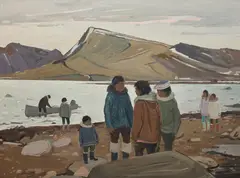 Inuit Discussion, Clearwater Fjord, Baffin Island (Arctic Circle), 1973 by George Lorne Holland Bouchard, 1973, oil on board, sold Jun 2026