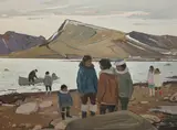 Inuit Discussion, Clearwater Fjord, Baffin Island (Arctic Circle), 1973 by George Lorne Holland Bouchard, 1973, oil on board, sold Jun 2026
