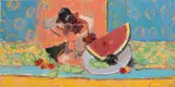 Still Life with Watermelon and Grapes by Isabelle Merlet, oil on canvas, sold Jan 2024