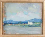 Town on the Edge of a Lake by Gertrude Fiske, Oil on Canvas, sold Jan 2024