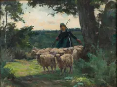 Shepherdess with her flock - Oil by Claude Hayes, Oil on board -23 x, sold Jan 2025