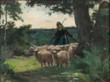 Shepherdess with her flock - Oil by Claude Hayes, Oil on board -23 x, sold Jan 2025