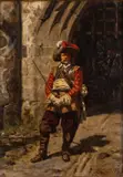 Cavalier standing before a portcullis - Oil by Ernest Crofts, Oil on panel, sold Jan 2025
