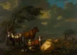 Cows and goats in a stormy landscape - Oil by Jan van Gool, 1725, Oil on panel, sold Jan 2025