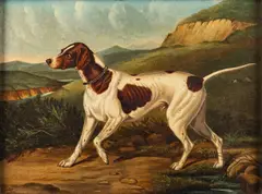 Portrait of a pointer in landscape - Oil on card - 22 by Edwin Loder of Bath, 1872, Oil on card, sold Jan 2025