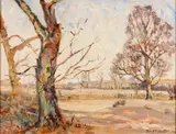 Landscape scenes with a wooded road and a field by Edith E. Foster, oil, offered Jan 2025