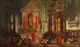 The interior of the Angoulême Cathedral at Mass by David Roberts, 1860, Oil on millboard -Signed and dated, sold Oct 2024