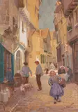Street scene in Vitre by Lex de Renault, watercolour, offered Oct 2024