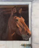 Head of a horse looking out of the stable - Oil by Alec Wiles, Oil on canvas -56 x, sold Jul 2024