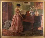 Playing the piano - Oil by Charles Ernest Butler, Oil on canvas -63 x, sold Jul 2024