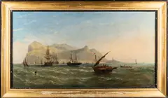 Extensive shipping off an Island by William Adolphus Knell, Oil on canvas -25 x, sold Jul 2024