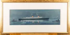 The Cunarder RMS Queen Elizabeth at night by Frank Watson Wood, Wood, sold Jul 2024