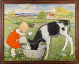 Feeding the Calf - Pastel by Muriel Dawson, Pastel, watercolour and bodycolour -, offered Jun 2024