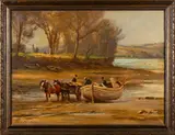 Loading the boat at low tide Oil by Ernest Higgins Rigg, oil, sold Apr 2024