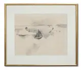 A fishing vessel by the shore with a house on the rocks by Christopher Wood, Pencil, sold Oct 2023