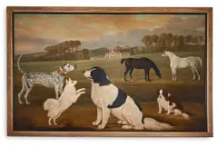Dogs and horses in the grounds of clopton house by William Nedham, Oil on canvas, sold Oct 2023
