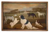 Dogs and horses in the grounds of clopton house by William Nedham, Oil on canvas, sold Oct 2023