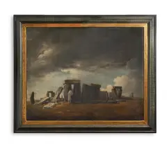 Stonehenge with a shepherd and flock of sheep in the distance by Samuel Woodforde, Oil on canvas, sold Oct 2023