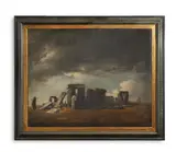 Stonehenge with a shepherd and flock of sheep in the distance by Samuel Woodforde, Oil on canvas, sold Oct 2023