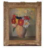 Mixed flowers in an earthenware jar by Augustus Edwin John, Oil on canvas, sold Oct 2023