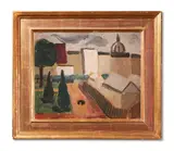 Figures in a garden with a church beyond by Christopher Wood, Oil on board, sold Oct 2023