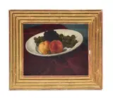 Grapes and peaches on a white plate by Edward John Poynter, Oil on panel, sold Oct 2023
