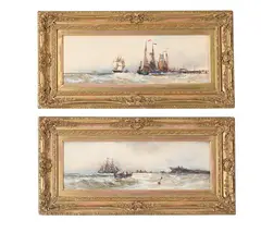 Off tynemouth; and dutch barges near scheveningen by Frank Henry Mason, watercolor, sold Jul 2023